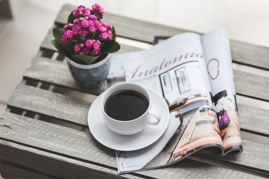 potted-plant-coffee-cup-and-magazines-on-wooden-box
